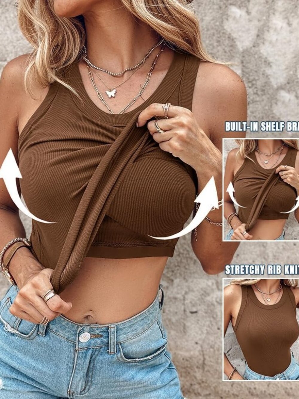 Women Built-in Bra Tank Tops Sleeveless Casual Shirts Racerback Ribbed Fitted - Picture 2 of 5